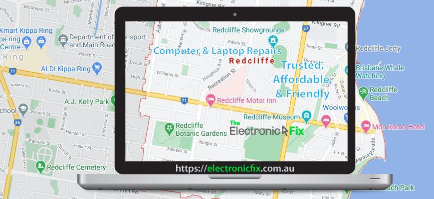 Laptop Computer illustration on top of a map of Redcliffe Queensland Australia