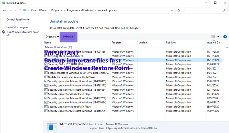 Uninstall Updates option for Windows OS