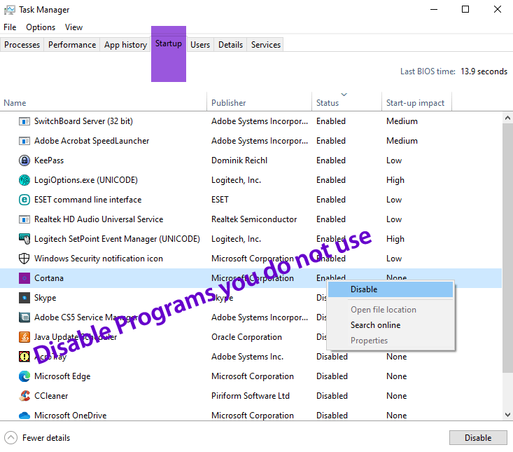 Windows 10 Task Manager Startup menu