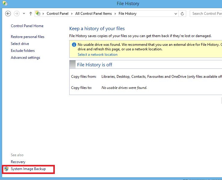 Windows 8 control panel interface with a highlighted system image backup option