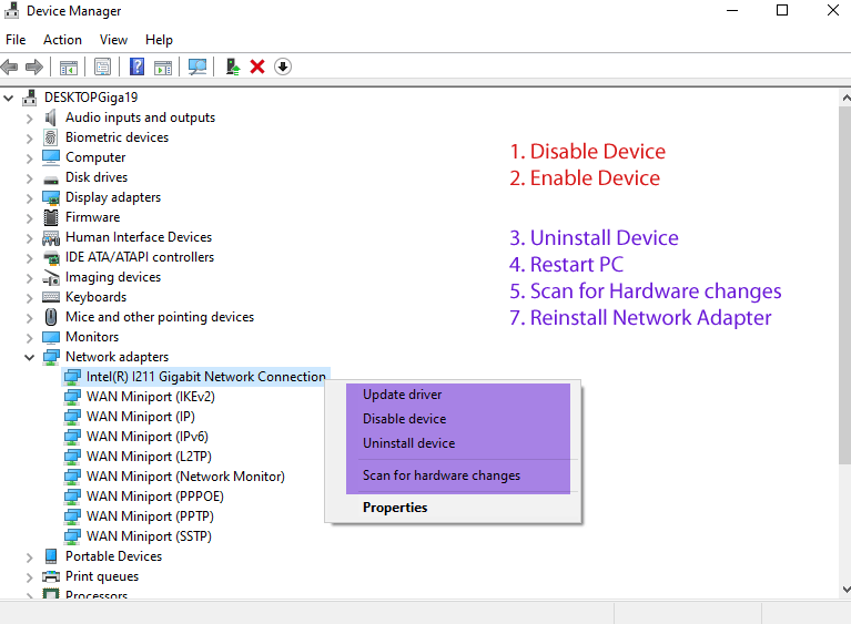 Windows Device Manager Network Adapter options