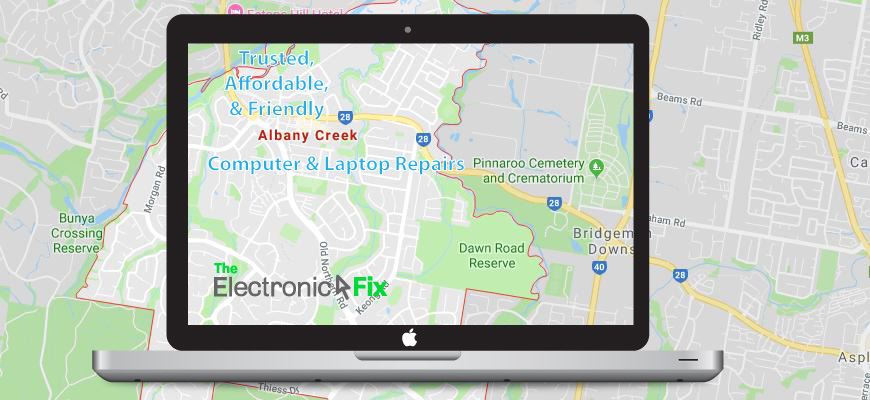 illustration of a Laptop Computer next to a map of Albany Creek Brisbane Queensland