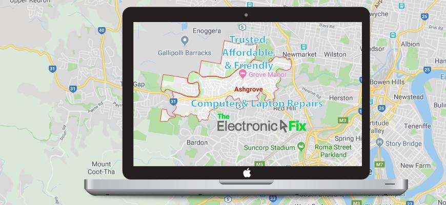 illustration of a Laptop Computer next to a map of Ashgrove Brisbane Queensland