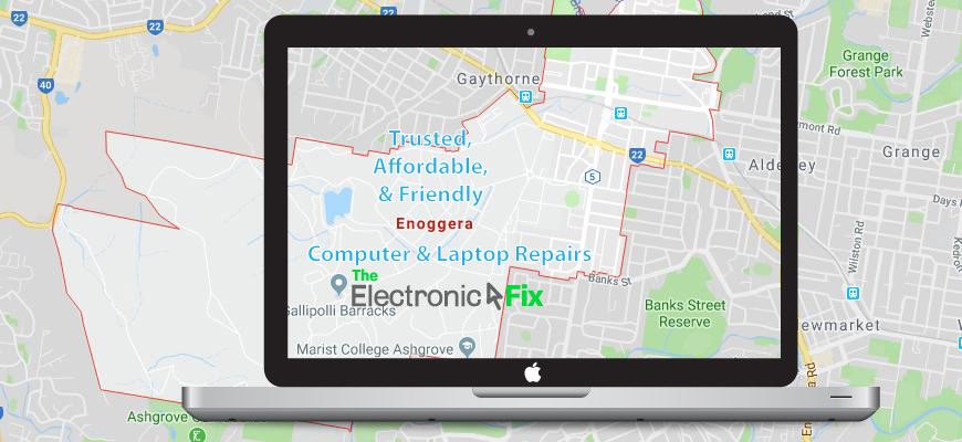 illustration of a Laptop Computer next to a map of Enoggera Brisbane Queensland