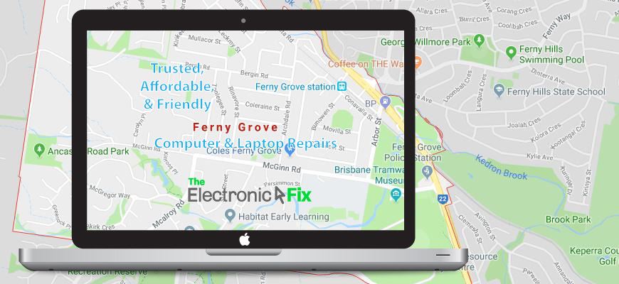 illustration of a Laptop Computer next to a map of Ferny Grove Brisbane Queensland