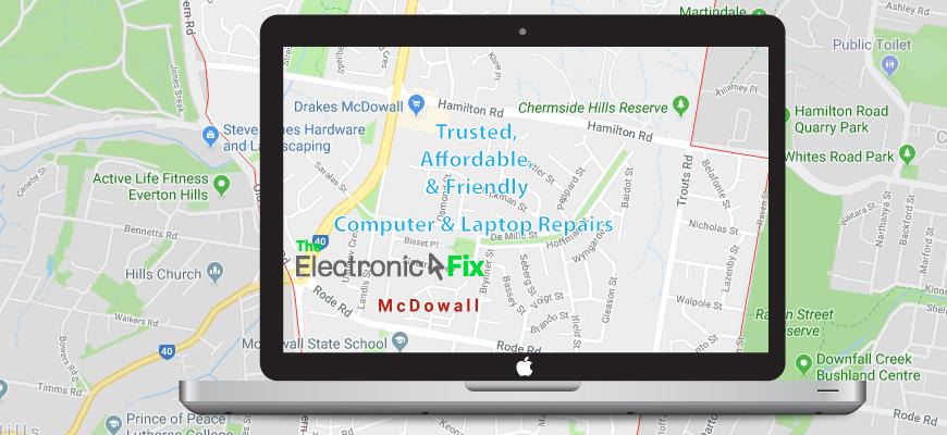 illustration of a Laptop Computer next to a map of McDowall Brisbane Queensland