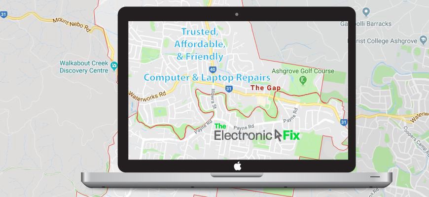 illustration of a Laptop Computer next to a map of The Gap Brisbane Queensland