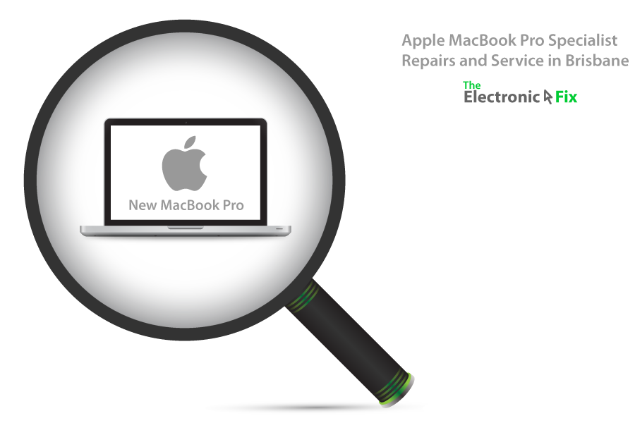 illustration of laptop behind magnifying glass and Apple brand logo