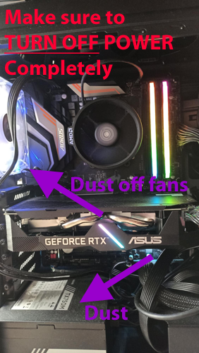 internals of desktop computer highlights accumulated dust