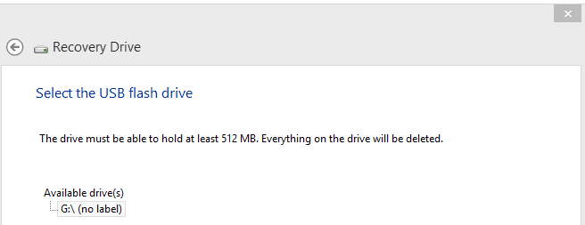 recovery drive folder with the option to select the usb drive that needs to be recovered
