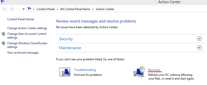 screenshot illustrating action centre folder with the highlighted usb recovery option