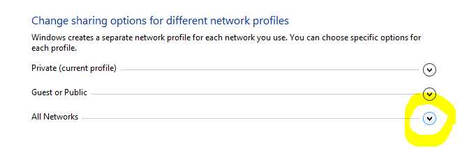 screenshot of change sharing option for different network profiles with highlighted all networks option