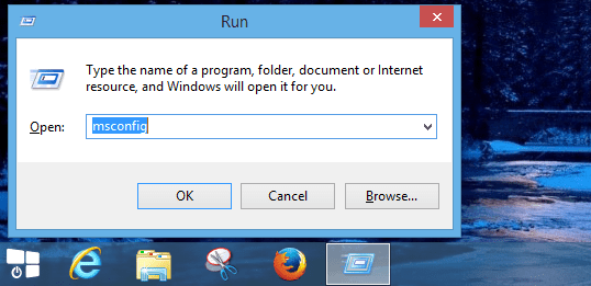 screenshot of dialog box with typed msconfig as a first step to launch Windows 8 in a safe mode