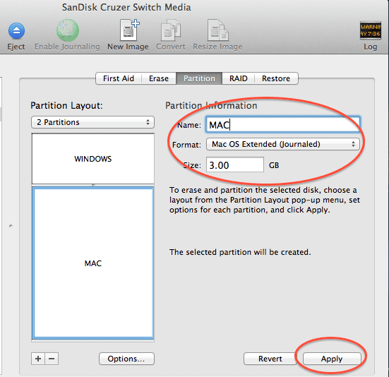 screenshot of partition layout with highlighted option for Mac partition setup