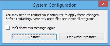 screenshot of system configuration dialog box with the reset and exit without reset options