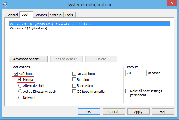 screenshot of system configuration with boot options selected