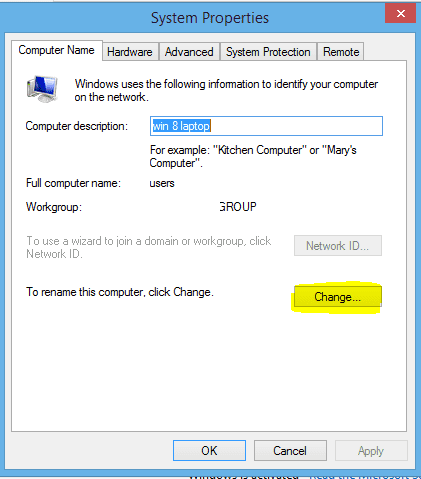 screenshot of system properties for changing computer description and highlighted change option