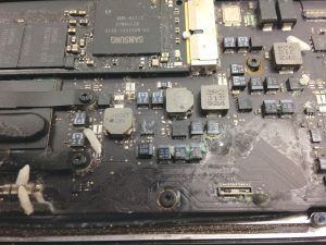 the inside appearance of the laptop when a liquid leaks into it