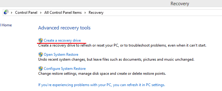 usb recovery folder with the highlighted create a recovery drive option