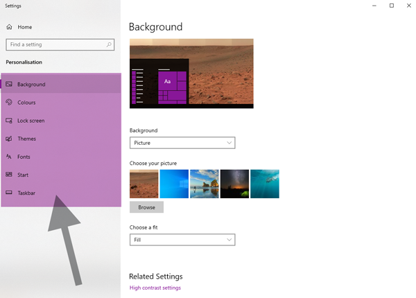 Microsoft windows personalisation settings